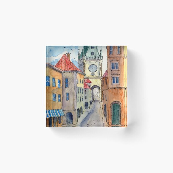 Item preview, Watercolor illustration of old Prague street with old colorful houses designed and sold by MaryWatercolor.