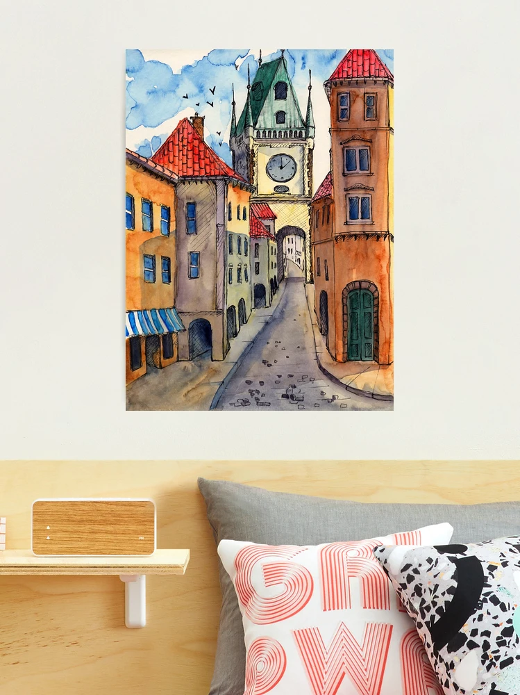 Prague Street View hot Watercolor Painting Throw Pillow Cover