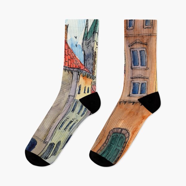 Item preview, Watercolor illustration of old Prague street with old colorful houses designed and sold by MaryWatercolor.