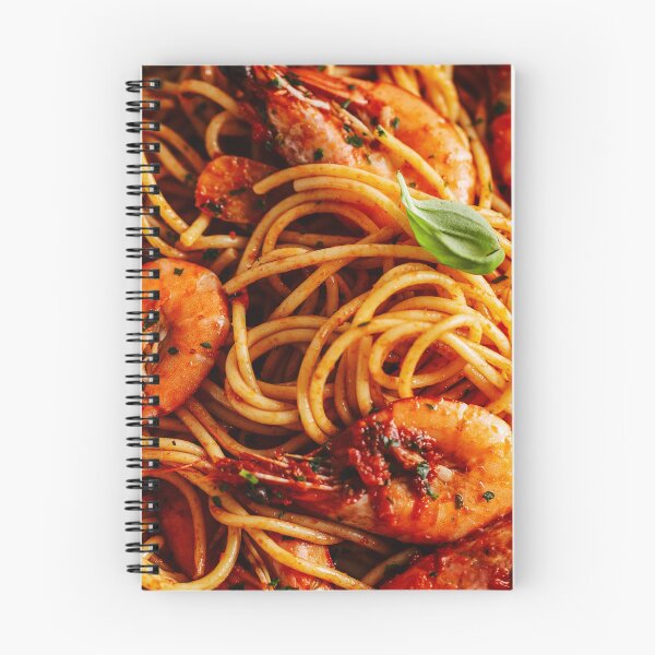 Artikelvorschau,  Pasta-Spaghetti mit Garnelen und Tomatensauce, serviert auf einem Teller auf dunkler Oberfläche. entworfen und verkauft von TheVIP.