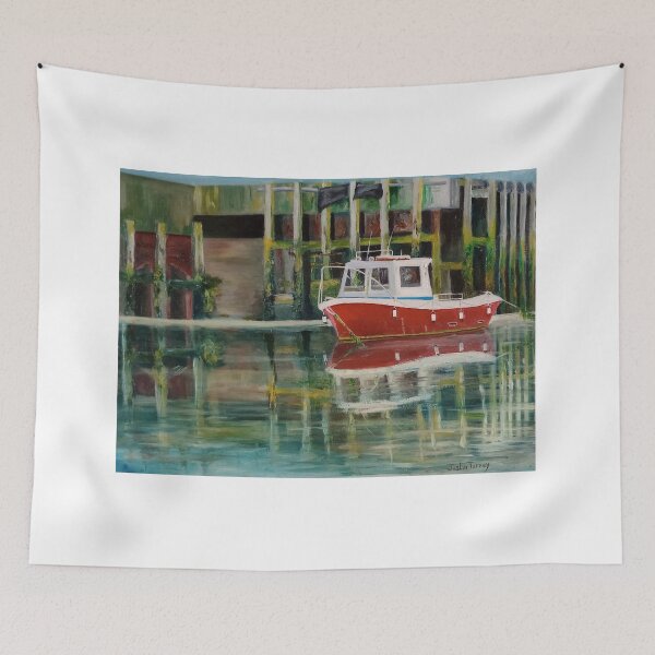 Item preview, Red boat in the harbor designed and sold by Justin Turney Art.