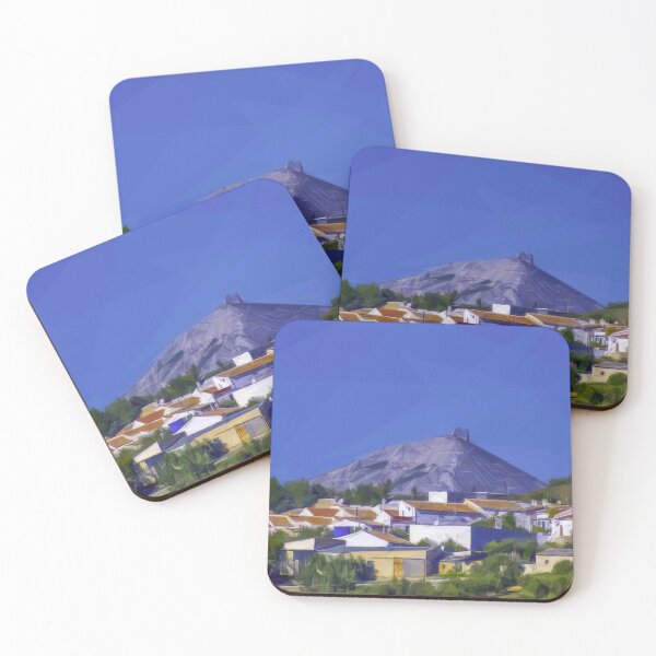 Item preview, White Spanish village, olve trees and hill. Image created using geometric shapes designed and sold by EdgyEdgeArt.