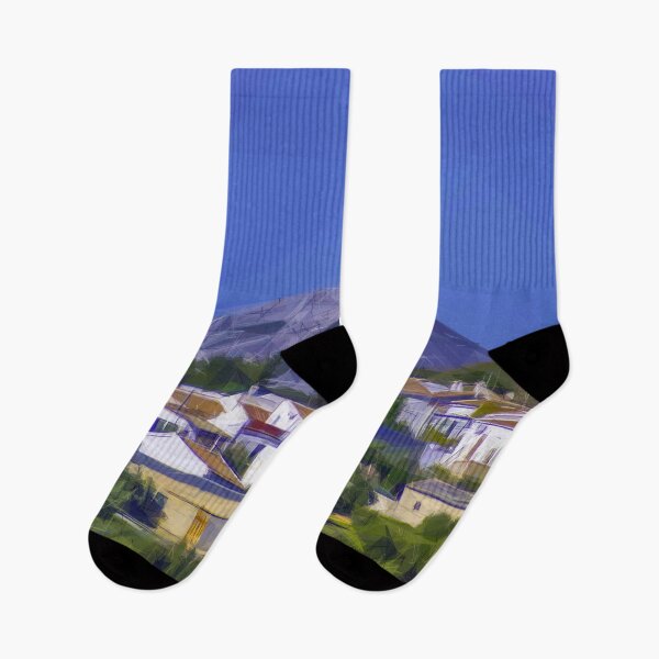 Item preview, White Spanish village, olve trees and hill. Image created using geometric shapes designed and sold by EdgyEdgeArt.