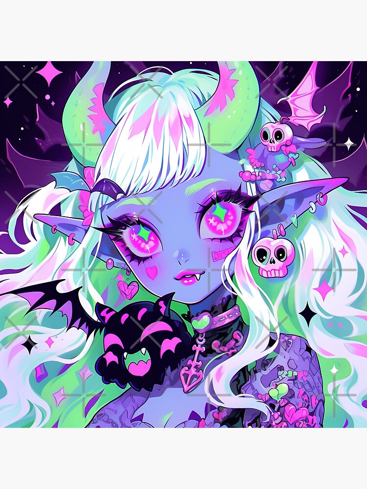 Kawaii Purple Green Goth Little Demon Anime Girl Poster for Sale by  bubblegoth