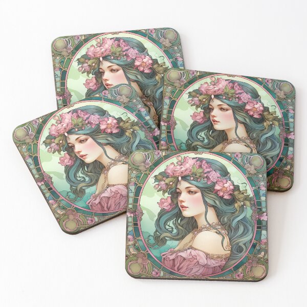 Item preview, Gorgeous Green and Pink Art Deco Art Nouveau Woman Portrait Tile designed and sold by Alcyonian.
