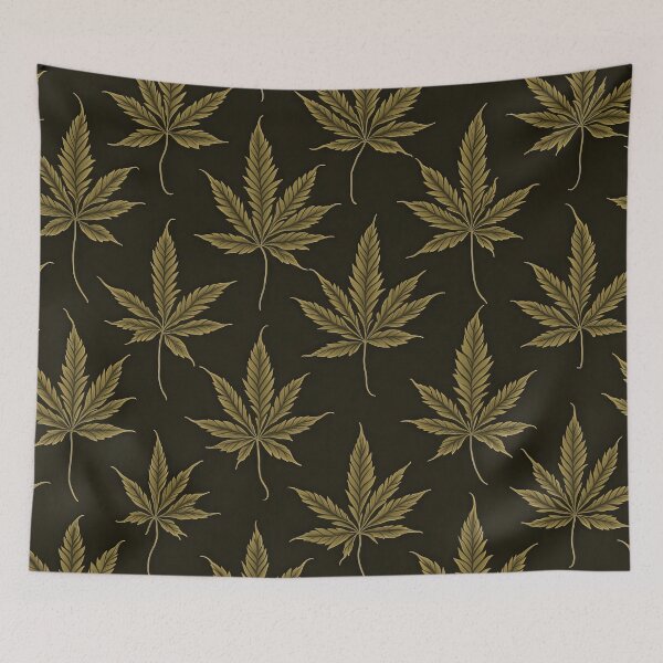 Item preview, An abstract cannabis leaf pattern in beige on a black background designed and sold by Good Candy.
