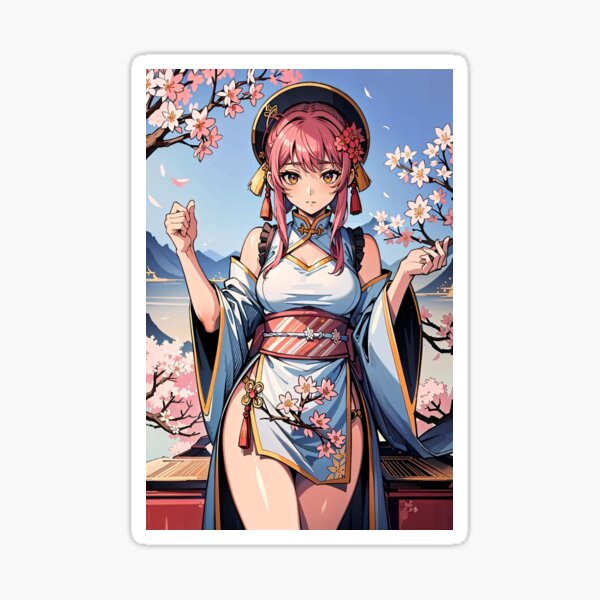 Anime girl in red kimono sticker, cherry blossoms, anime girl  portrait,Japanese traditional costume, anime fan art Sticker for Sale by  DeepikaSingh