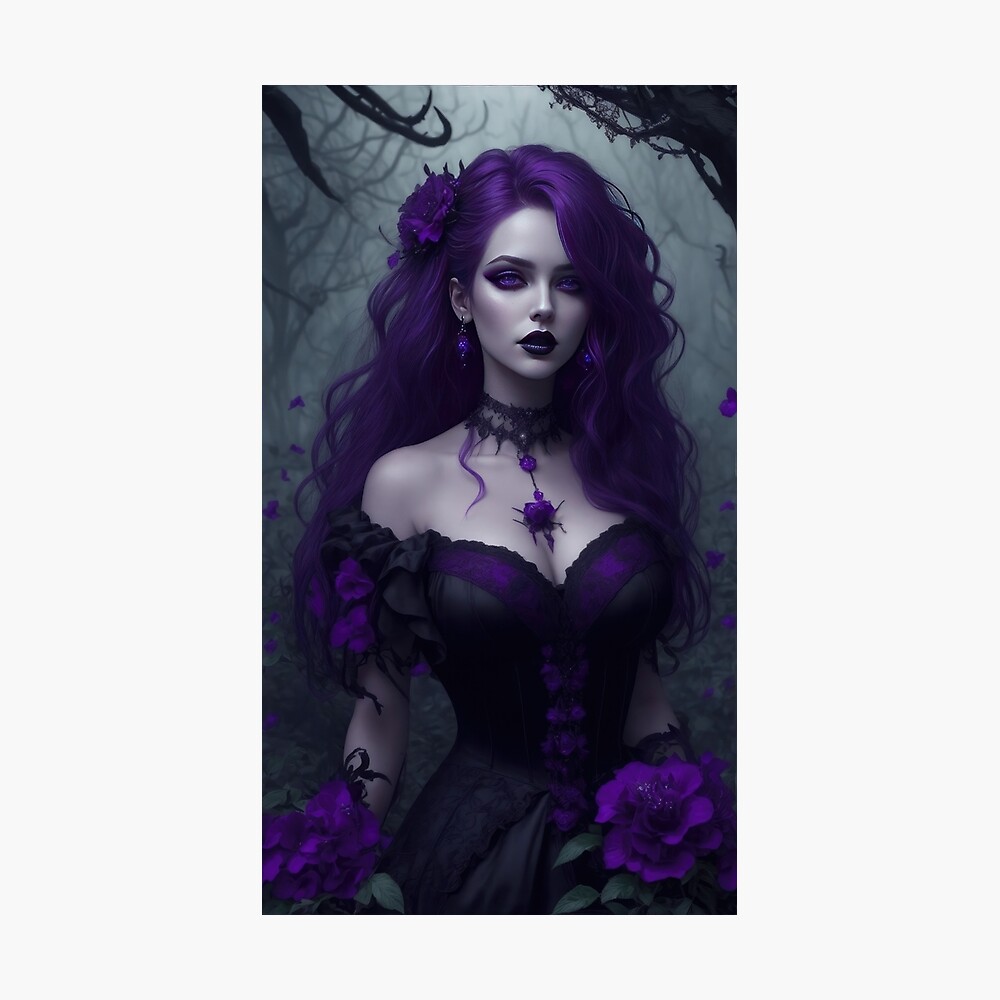 A sultry purple haired gothic seductress surrounded by roses in a dark  scene