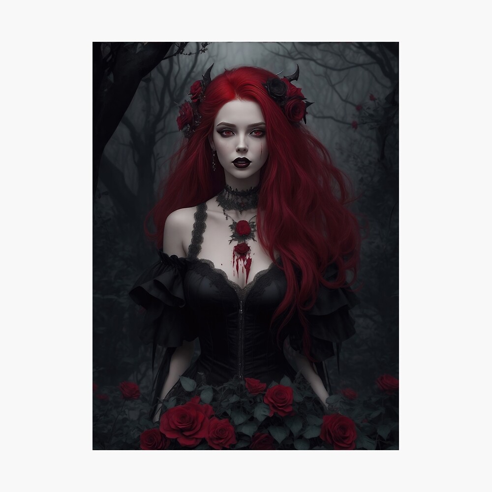 A red haired gothic seductress surrounded by roses in a dark scene