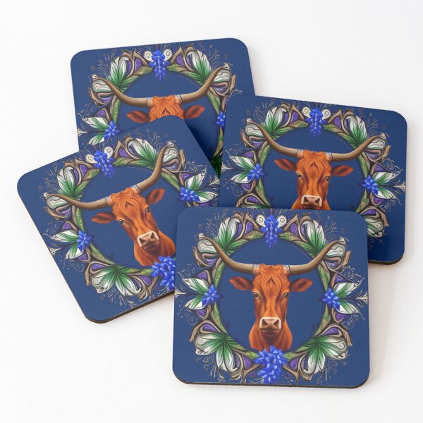 Item preview, Longhorn Cattle Surrounded By A Wreath Of Bluebonnet designed and sold by taiche.