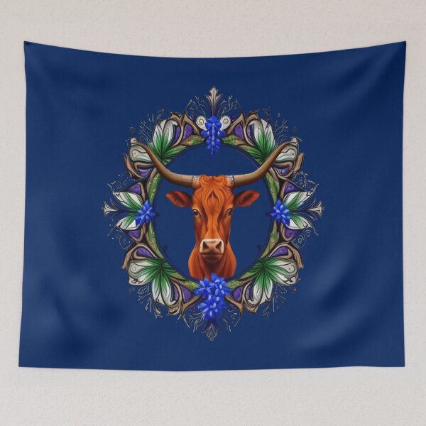 Item preview, Longhorn Cattle Surrounded By A Wreath Of Bluebonnet designed and sold by taiche.