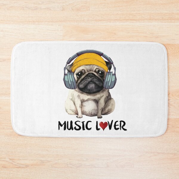 Item preview, Music lower pug. Adorable pug puppy in headphones. I love music Pug - letter quote. Humor poster, t-shirt composition, hand drawn print style. designed and sold by Anastasiia Yurevych.