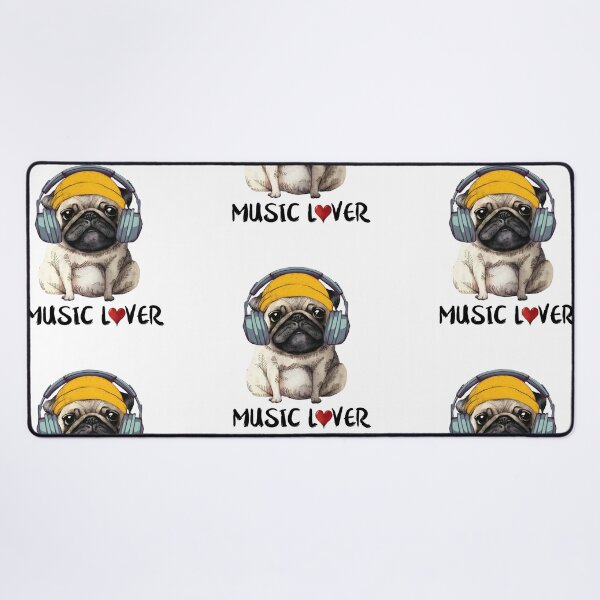 Item preview, Music lower pug. Adorable pug puppy in headphones. I love music Pug - letter quote. Humor poster, t-shirt composition, hand drawn print style. designed and sold by Anastasiia Yurevych.