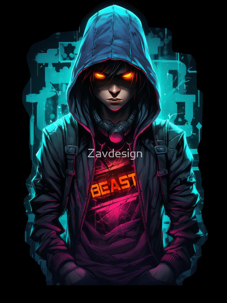 Figure in a hoodie with bright lights and neon Kids T
