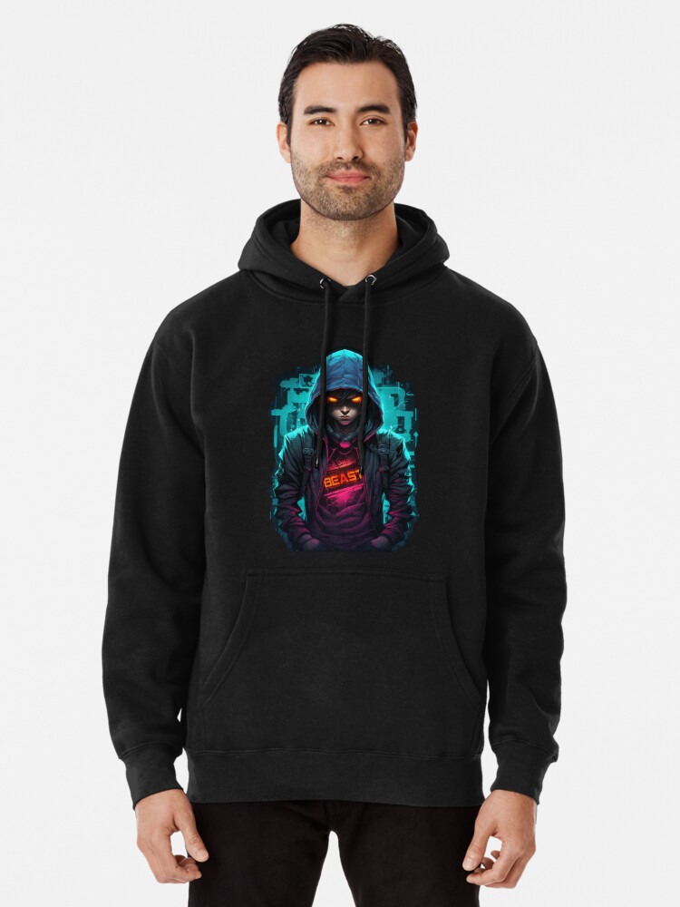 Figure in a hoodie with bright lights and neon Pullover