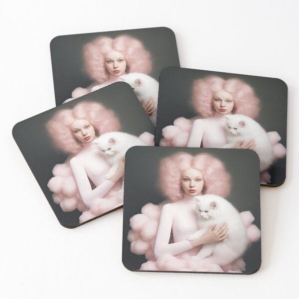 Item preview, Portrait of woman in pink with white cat designed and sold by FlatLandPrints.