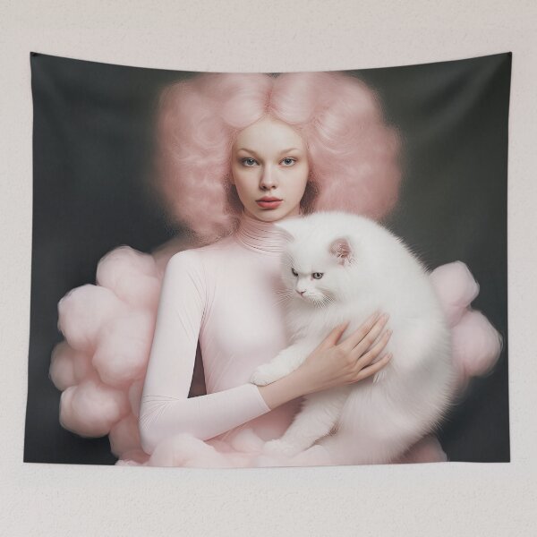 Item preview, Portrait of woman in pink with white cat designed and sold by FlatLandPrints.