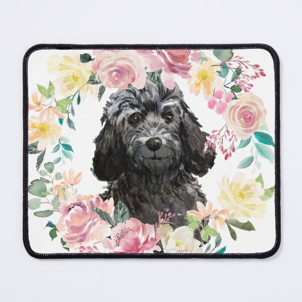 Item preview, Black Cockapoo Pastel Pink and Yellow Floral Wreath designed and sold by HugsAndPrints.