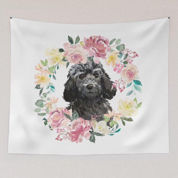 Item preview, Black Cockapoo Pastel Pink and Yellow Floral Wreath designed and sold by HugsAndPrints.