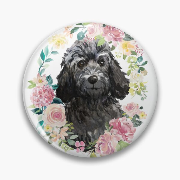 Item preview, Black Cockapoo Oval Pastel Pink and Yellow Floral Wreath designed and sold by HugsAndPrints.
