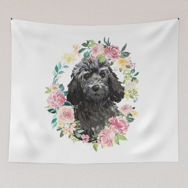 Item preview, Black Cockapoo Oval Pastel Pink and Yellow Floral Wreath designed and sold by HugsAndPrints.