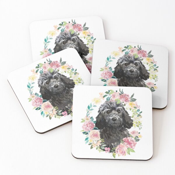 Item preview, Black Cockapoo Oval Pastel Pink and Yellow Floral Wreath designed and sold by HugsAndPrints.