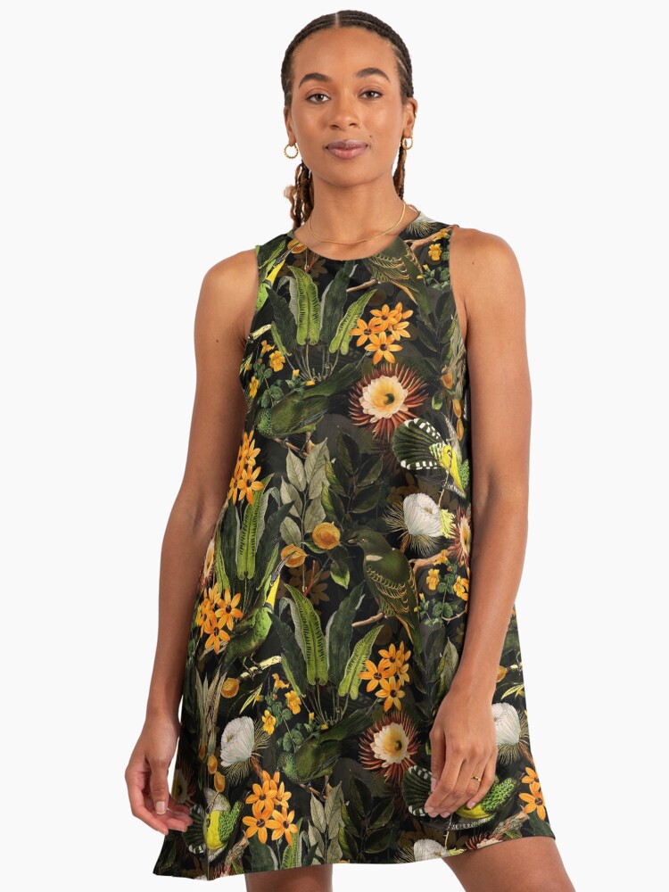 Birds In Tropical Flower Garden - Black Nightgarden Botany A-Line Dress