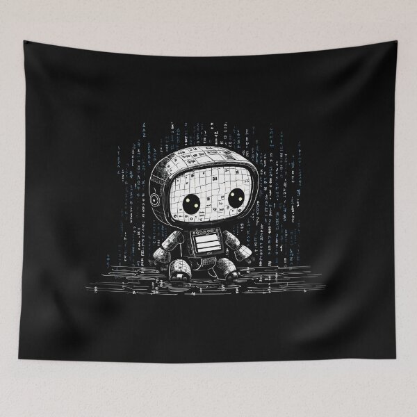 Item preview, Engraving of a cute friendly black robot that is made out of computer code, with programming code on its skin, digital art designed and sold by Gabi.Media.