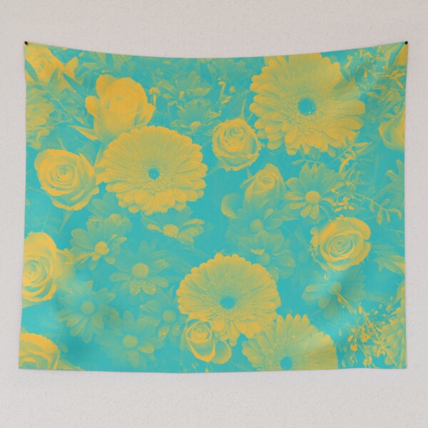 Item preview, Psychedelic Aesthetic Duotone Flowers in Cyan and Yellow designed and sold by Trish Dish.