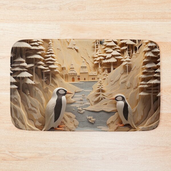 Item preview, Penguins in  winter scene with trees and stream carved look designed and sold by Inktown.