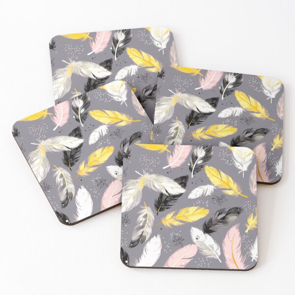 Item preview, Feathers - Mustard, pink, gray, white, black designed and sold by Highlandkings.