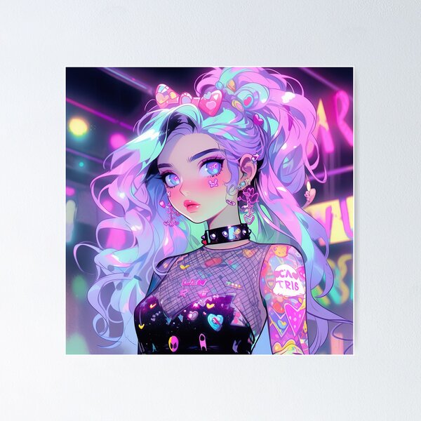 Beautiful Bright Neon Curly Hair Starry Anime Girl | Sticker