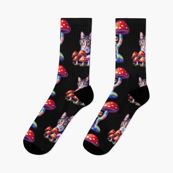 Item preview, MUSHROOM CAT playing in a Rainbow Forest of Bubbles and Fungus designed and sold by BadassBazaar.