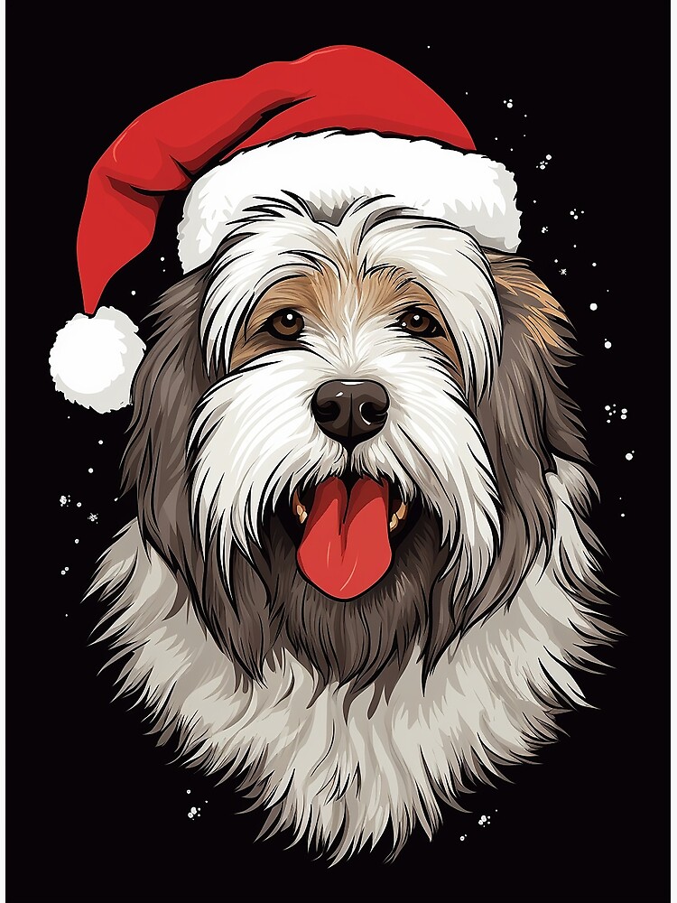 Old English Sheepdog Christmas Santa Hat Xmas Color Lights Poster