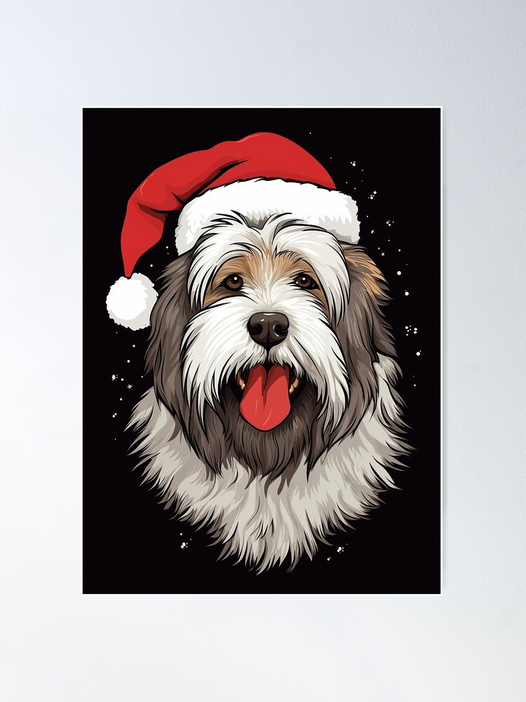 Old English Sheepdog Christmas Santa Hat Xmas Color Lights Poster