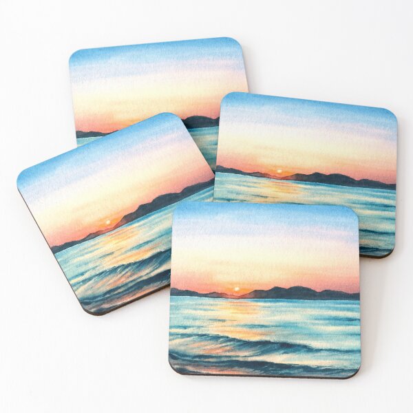 Item preview,  Watercolor colorful seascape illustration Hand drawn background sunset on the sea  designed and sold by BartolArt.