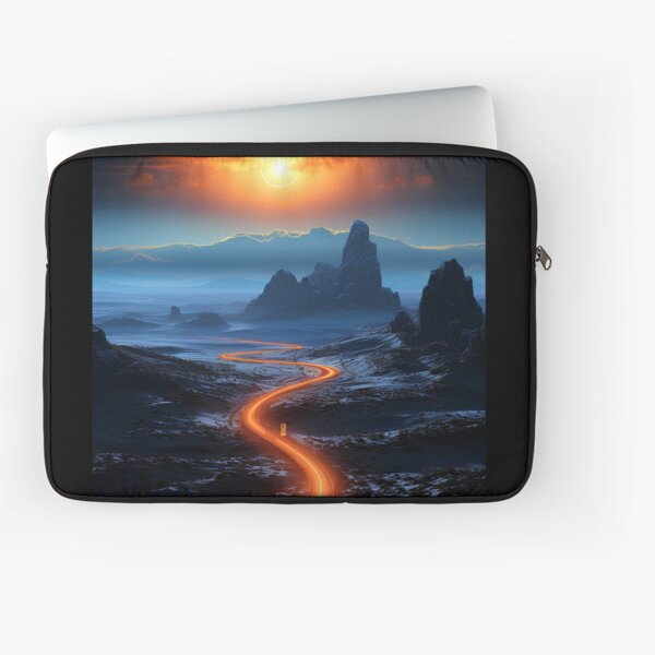 Aerial view of the empty highway through the fields in a fog at night Laptop Sleeve
