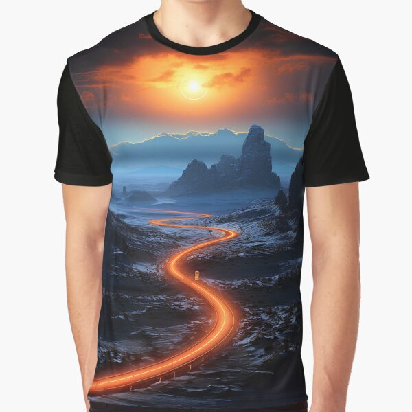Aerial view of the empty highway through the fields in a fog at night Graphic T-Shirt