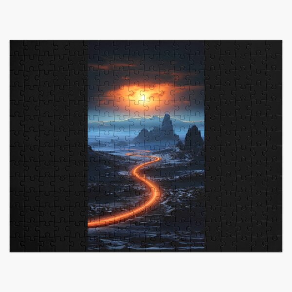 Aerial view of the empty highway through the fields in a fog at night Jigsaw Puzzle
