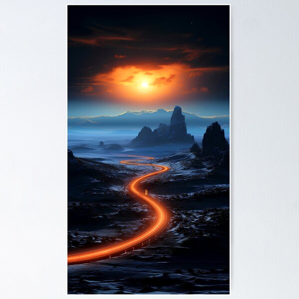 Aerial view of the empty highway through the fields in a fog at night Poster