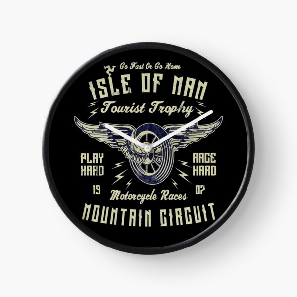Isle Of Man TT Racing Vintage Biker Wings Wheel Tourist Trophy Bike Races Retro Graphic Clock