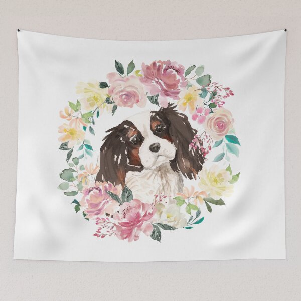 Item preview, King Charles Spaniel Guirnalda floral en rosa pastel y amarillo designed and sold by HugsAndPrints.