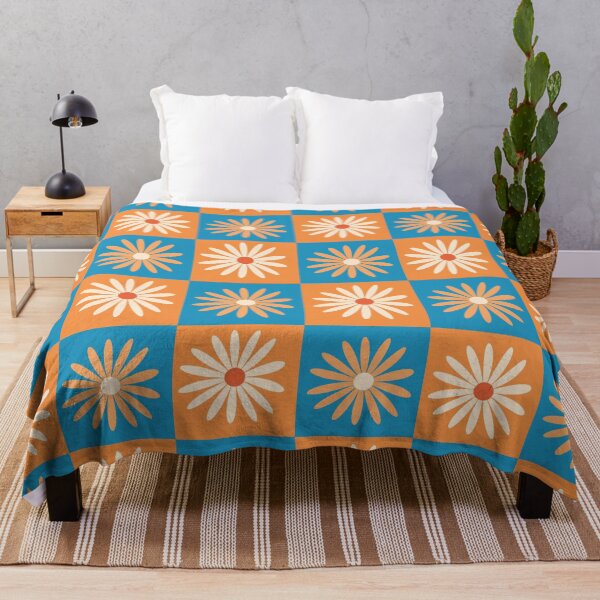 Item preview, Retro Daisy Flower on Blue and Orange Checkerboards designed and sold by Yasminepatterns .