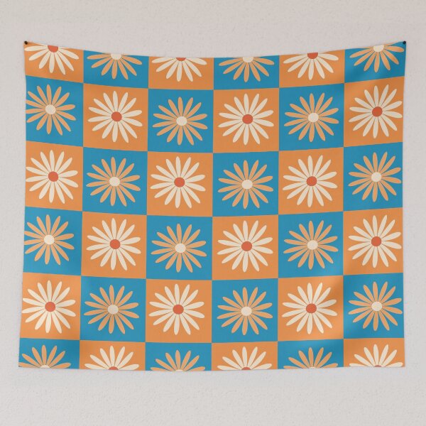 Item preview, Retro Daisy Flower on Blue and Orange Checkerboards designed and sold by Yasminepatterns .