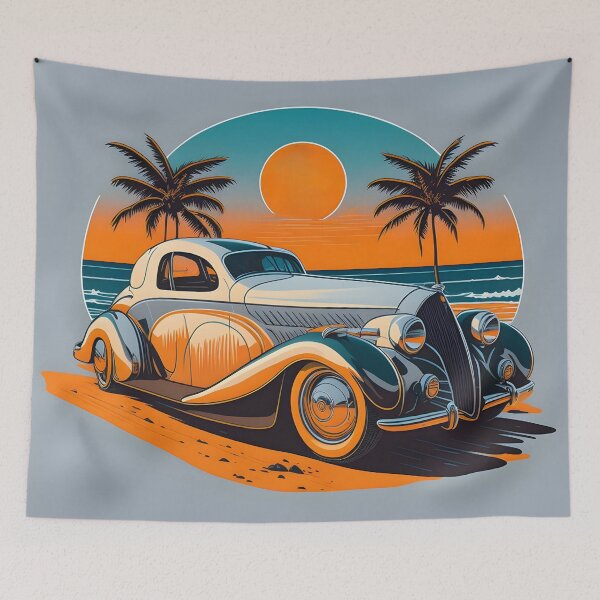 Artikelvorschau, Vintage Sunset Drive: Oldtimer-Eleganz in der Dämmerung entworfen und verkauft von Ceemko's Vintage Corner.