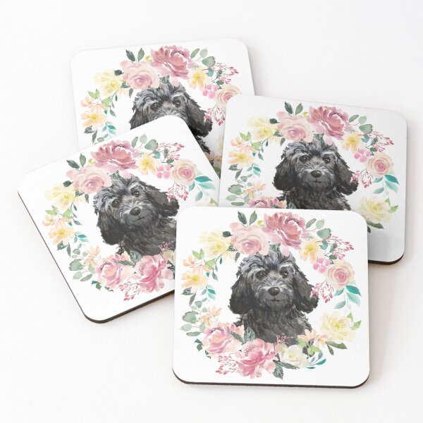 Item preview, Black Cockapoo Pastel Pink and Yellow Floral Wreath designed and sold by HugsAndPrints.