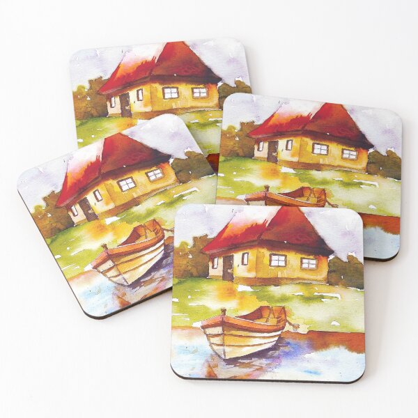 Item preview, Red roof house & a boat near water designed and sold by Rock8Arts.