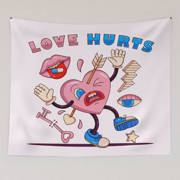 Item preview, Love hurt, heart hit by an arrow with key elements, lightning, eyes and mouth in retro cartoon style designed and sold by Kevyn Adha.