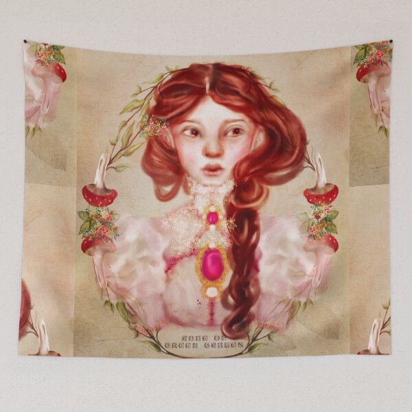 Item preview, Anne of Green Gables Fan Art: Cottagecore art of red hair Anne with an E in a pink dress surrounded by a watercolor mushroom frame designed and sold by Monica Laipple.