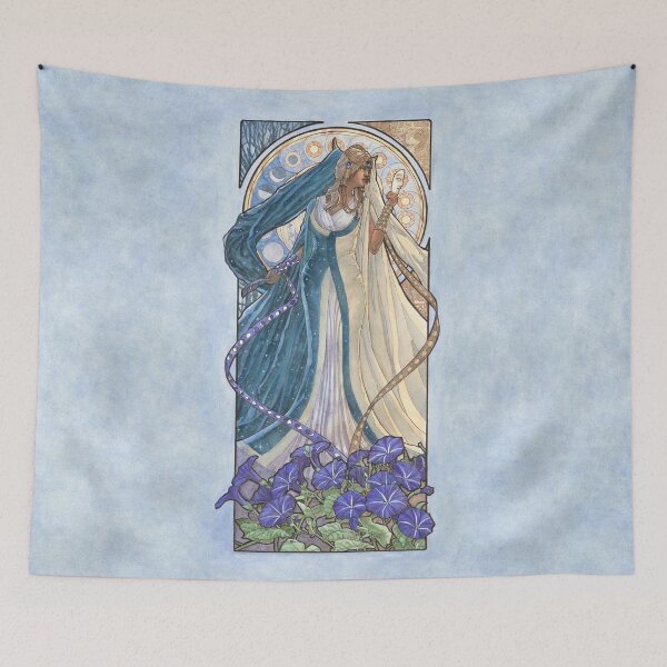 Item preview, Lady of September with Sapphire and Morning Glories Celestial Moon and Sun Goddess Mucha Inspired Birthstone Series designed and sold by angelasasser.